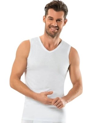 Jiber Erkek V Yaka Sıfır Kol Atlet 3'lü Paket Beyaz Renk Rahat Kesim