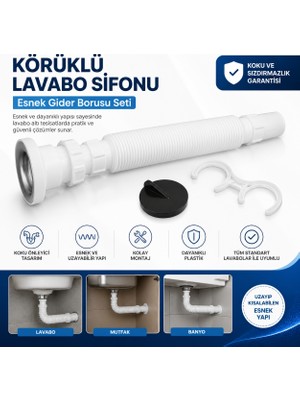 Gama Körüklü Lavabo Sifonu 32 mm Çıkışlı – Esnek Gider Borusu Seti | Kolay Montajlı Sifon Hortumu