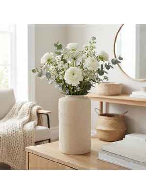 Handanca Iskandinav Bohem Tarzı Büyük Boy Modern Şık Seramik Dokulu Bej Rengi Venüs Vazo 25 cm Dekorasyon