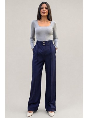 Norshen Lacivert Kadın Belden Lastikli & Düğmeli- Bol Paça Pantolon