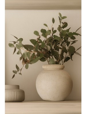 Handanca Krem Rengi Alya Vazo 20 cm Dokulu Stonware Toprak Vazo Doğal Modern Minimalist