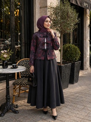 Esra Butik Mürdüm Desenli Bağlama Detaylı Dabıl Kumaş Tesettür Etekli Takım