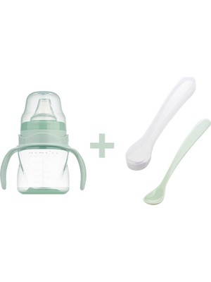 Mamajoo Antikolik Akıtmaz Alıştırma Bardağı 160 ml & İkili Ergonmik Beslenme Kaşığı - Powder Green