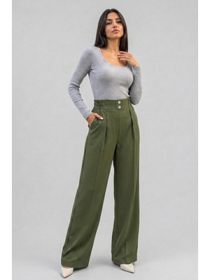 Norshen Haki Kadın Belden Lastikli & Düğmeli- Bol Paça Pantolon