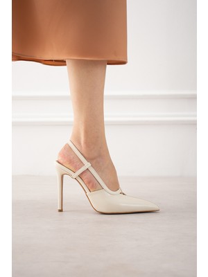 Seniorah Urban Krem Cilt Sivri Burun Ince Yüksek Topuklu Kadın Ayakkabı