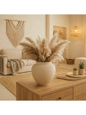 Handanca Iskandinav Tarzı Dekoratif Dokulu Modern Şık Seramik Bej Renk Pera Vazo 20 cm