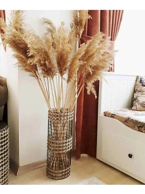 Handanca Dekoratif Jüt Hasır Metal Tel Örgülü El Yapımı Çiçek Pampas Vazosu Üç Örgü 50CM
