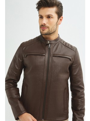 İkbal Michael Hakiki Deri Kahverengi Mont Erkek Ceket, Slim-Fit ve Spor Tasarım
