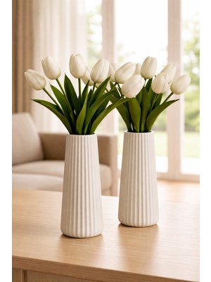 Handanca 2'li Modern Dekorasyon Için Şık Beyaz Çizgili Seramik Çiçek Vazo 19CM - Minimal ve Zarif Vazo Modeli