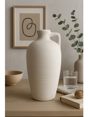 Handanca Krem Rengi Dekoratif Xl Boy Testi Doğal Dokulu Iskandinav Sadeliği 32 cm