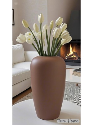Handanca Iskandinav Tarzı Büyük Boy Modern Şık Seramik Açık Kahverengi Hera Vazo 26 cm