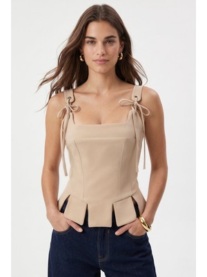Ritnice Kadın Larissa Ip Detaylı Korse Bej Dokuma Bluz