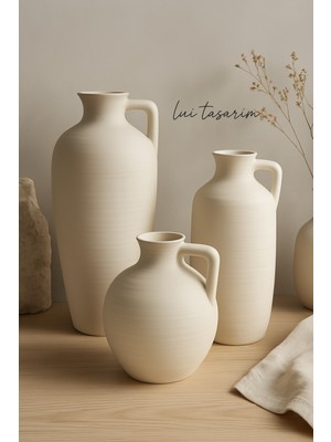 Handanca Krem Rengi Doğal El Yapımı Rusel Seramik 3'lü Vazo Seti 30*25*18 cm