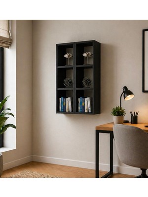 Dekormer Design Kitaplık Oturma Odası Duvar Rafı 2 Li Birleşik Mobilya Takım Siyah