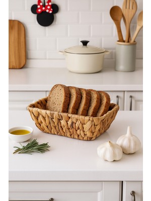 Handanca Hasır El Yapımı Örme Dikdörtgen Ekmek Sepeti Derin Kaliteli Malzeme 25*15*10 cm