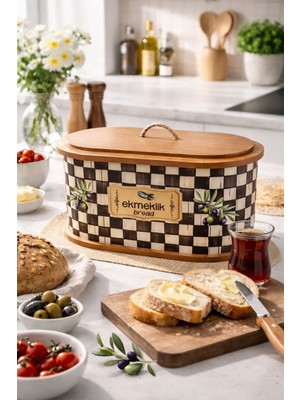 Handanca Desenli Ahşap Kapaklı Ekmeklik Mutfağınız Için Modern Saklama Çözümü 34X21X15CM