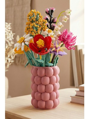 Handanca Pastel Pembe Ahududu Desenli LEGO Çiçek Uyumlu Vazo – Modern Dekoratif Çiçek Vazosu