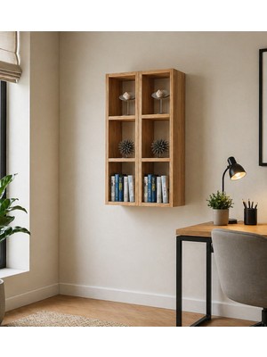 Dekormer Design Kitaplık Oturma Odası Duvar Rafı 2 Li Birleşik Mobilya Takım Atlantik Çam