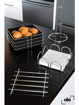 Handanca Paslanmaz Gümüş Mutfak Servis Sunum Seti ve Ekmeklik Havluluk Peçetelik Nihale 4 Parça