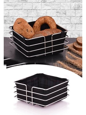 Handanca Paslanmaz Metal Krom Şeritli Siyah Kumaş Kare Ekmeklik Ekmek Sepeti