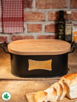 Handanca Ahşap Kapaklı Tel Kulplu Metal Ekmeklik (Bread Plakalı)