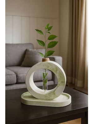 Handanca 2'li Tüplü Vazo Tepsi Set Bohem Taş Tozu Yeşil Mermer Desen