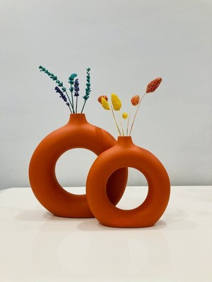 Handanca Halka Vazo Bohem Ikili Set Kremit Rengi