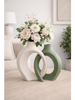 Handanca Vazo Lithora Iç Içe Modern Vazo 2’li Set – Dekoratif Minimal Salon & Masa Üstü Vazo (Krem & Yeşil )