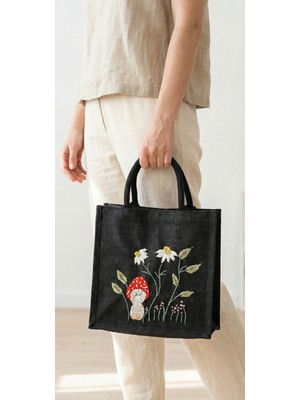 My Balli Store Siyah Nakış Işlemeli Jüt Hasır Çanta