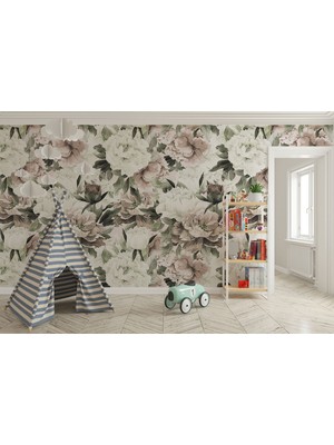 Lotus Aura Büyük Çiçekli Yatak Odası Duvar Kağıdı, Vintage Gül ve Şakayık Oturma Odası Duvar Resmi