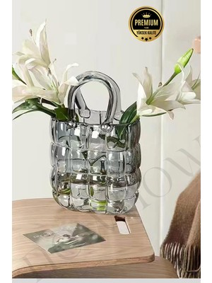 Handanca Dekoratif Kare Model Çanta Şeklinde Cam Vazo | Zarif Tasarım Çanta Cam Vazo | Çanta Vazo - 1 Adet