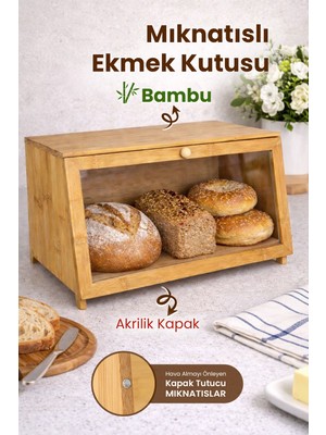 Handanca Mıknatıs Kapaklı Bambu Ekmek Kutusu - Mutfak Düzenleyici Ekmek Saklama Kutusu Tezgah Üstü Ekmeklik