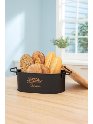 Handanca Home Mambo Ekmeklik Ahşap Ekmek Kesme Tahtalı Kulplu Ekmek Kutusu Siyah