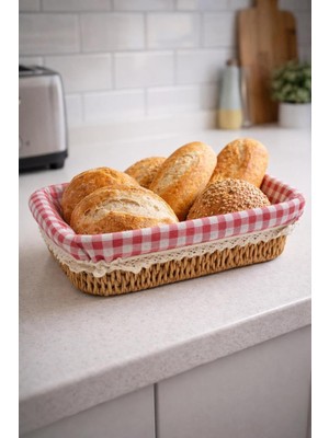 Handanca Rattan Hasır Ekmeklik Kare Pötikare Kumaşlı Masa Üstü Ekmek Sepeti Mutfak Organizer