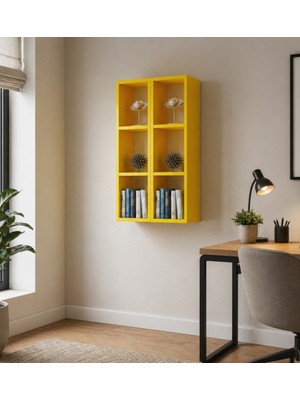 Dekormer Design Kitaplık Oturma Odası Duvar Rafı 2 Li Birleşik Mobilya Takım Sarı
