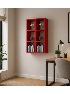 Dekormer Design Kitaplık Oturma Odası Duvar Rafı 2 Li Birleşik Mobilya Takım Kırmızı