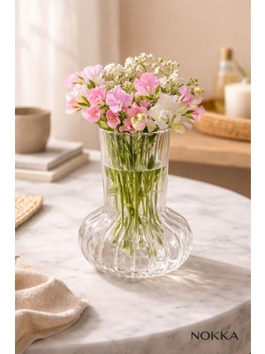 Handanca Küçük Boy 13 cm Yükseklik, Borosilikat Cam Vazo, Sunum Bardağı, Çizgili Desen 500 ml