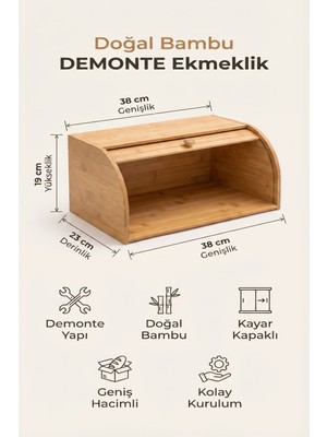 Handanca Doğal Bambu Demonte Ekmeklik, Ekmek Kutusu, Kayar Kapaklı, Geniş Hacimli, 38 x 23 x 19 cm