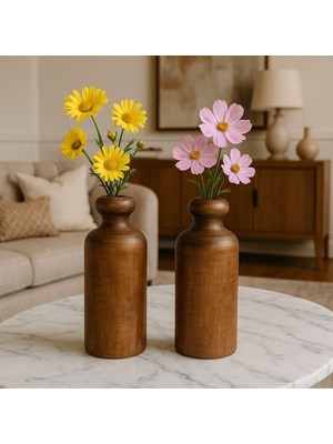 Handanca 2'li Ahşap Vazo Ceviz Rengi - 18CM & 7cm Dekoratif Vazo, Rustik Vazo, El Yapımı Ahşap Dekor Çiçeklik