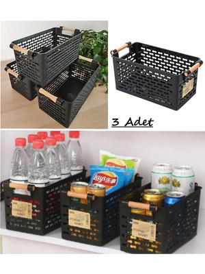 Handanca 3 Adet Siyah Ahşap Renk Plastik Saplı Organizer Sepet Ekmeklik Sebze Meyve Sepeti