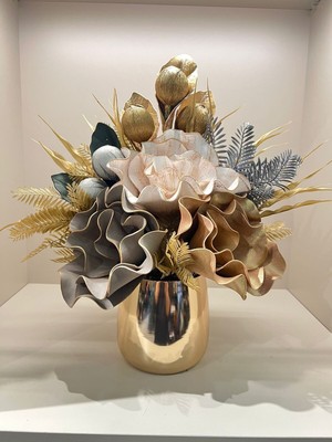 Handanca Yapay Çiçekli Gold Metal Vazo No:6