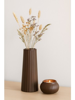 Handanca Kahve Rengi Çizgili Modern Dekoratif Taş Vazo (18 Cm) & Mumluk Set | Şık Salon ve Masa Üstü Aksesuar
