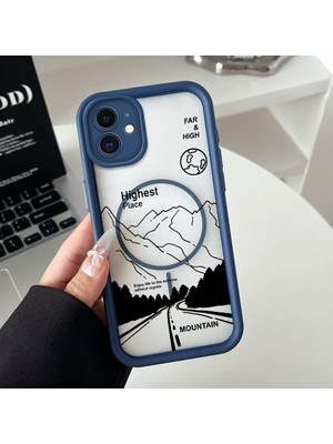 HONTINGA iPhone 12 Uyumlu Şeffaf Magsafe Wireless Köşe Düşüme Önleyici Basitlik Anti Düşme Kamera Korumali Dağ Deseni Silikon Telefon Kılıfı K7-0055