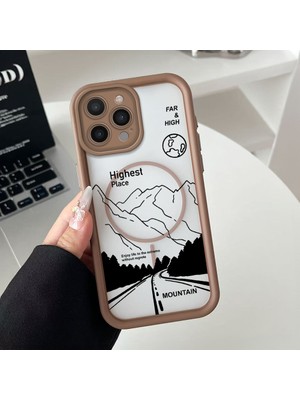HONTINGA iPhone 15 Pro Uyumlu Şeffaf Magsafe Wireless Köşe Düşüme Önleyici Basitlik Anti Düşme Kamera Korumali Dağ Deseni Silikon Telefon Kılıfı K7-0055