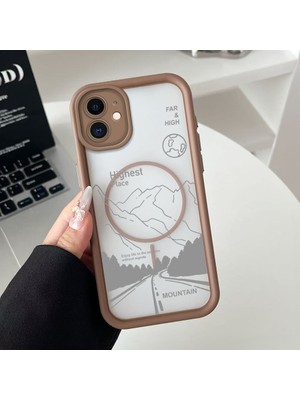 HONTINGA iPhone 12 Uyumlu Şeffaf Magsafe Wireless Köşe Düşüme Önleyici Basitlik Anti Düşme Kamera Korumali Dağ Deseni Silikon Telefon Kılıfı K7-0056