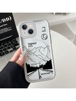 HONTINGA iPhone 14 Plus Uyumlu Şeffaf Magsafe Wireless Köşe Düşüme Önleyici Basitlik Anti Düşme Kamera Korumali Dağ Deseni Silikon Telefon Kılıfı K7-0055
