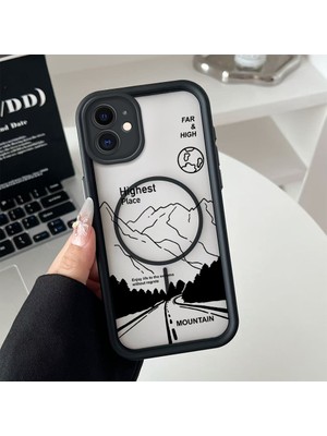 HONTINGA iPhone 11 Uyumlu Şeffaf Magsafe Wireless Köşe Düşüme Önleyici Basitlik Anti Düşme Kamera Korumali Dağ Deseni Silikon Telefon Kılıfı K7-0055
