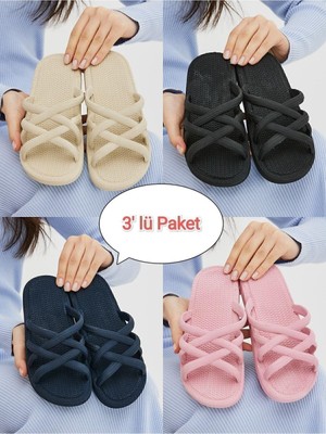 Moda Devrin 3'lü Paket Hasır Görünüm Terlik Ev Dış Mekan Havuz Deniz Plaj Banyo Terliği Çeyiz Bohça Seti