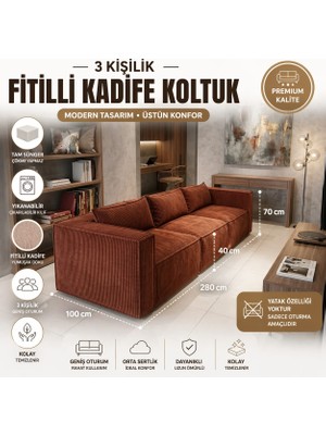 Colormix 3' Lü Fitilli Kadife Kanepe Yumuşak Sünger Oturum Modern Tasarım Yıkanabilir Kılıflı