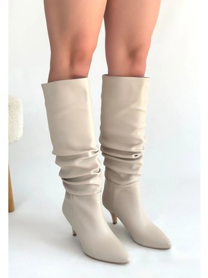 Erbilden Zelya Bej Cilt Topuklu Çizme